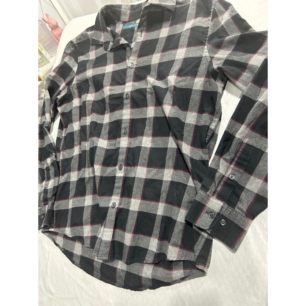 Perry Ellis Mens Plaid Button Down Shirt Large Black Grey Red Long Sleeve